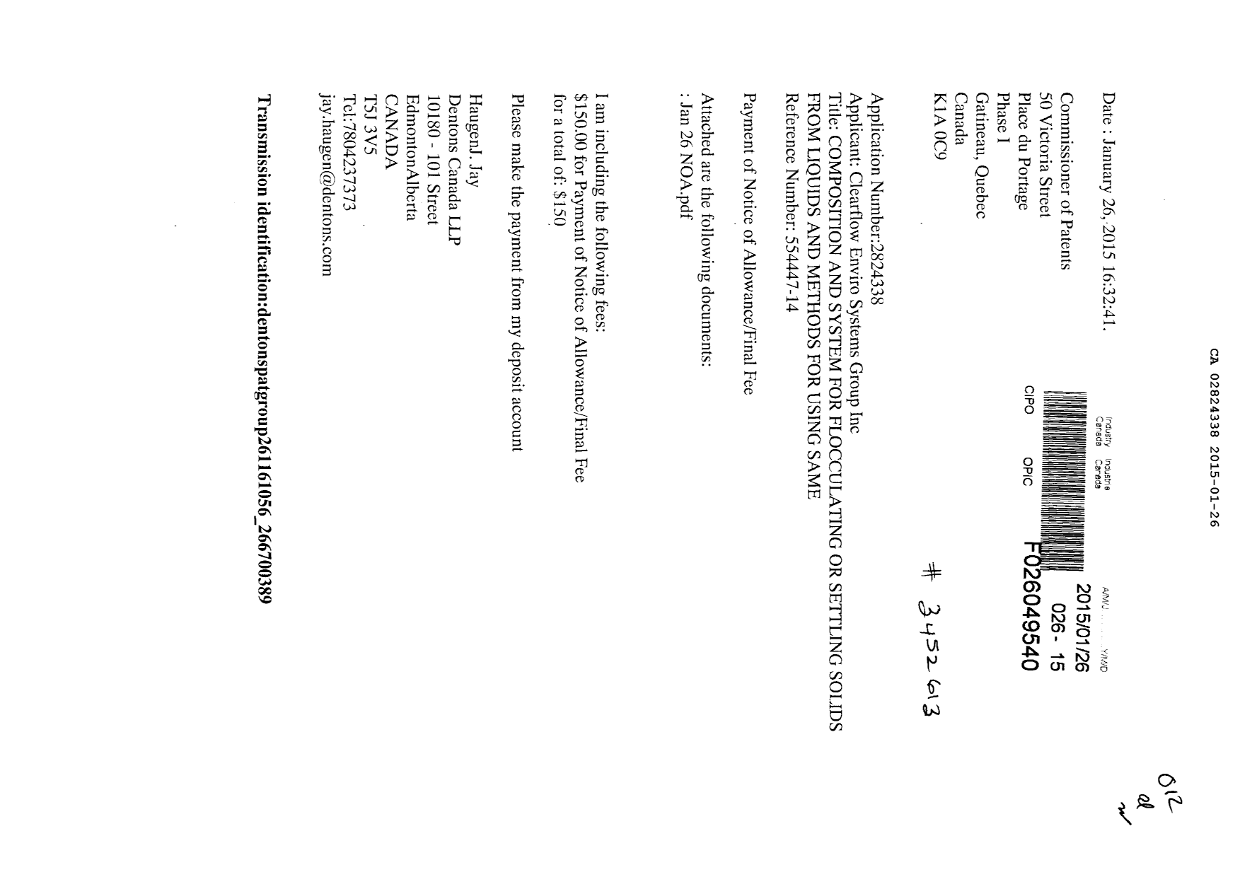 Document de brevet canadien 2824338. Correspondance 20141226. Image 1 de 2
