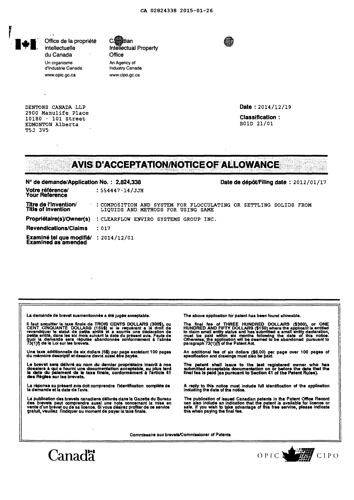 Document de brevet canadien 2824338. Correspondance 20141226. Image 2 de 2