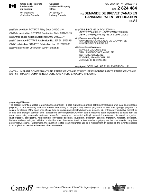 Canadian Patent Document 2824484. Cover Page 20121201. Image 1 of 2