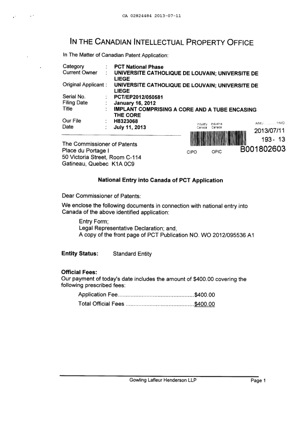 Document de brevet canadien 2824484. Cession 20121211. Image 1 de 6