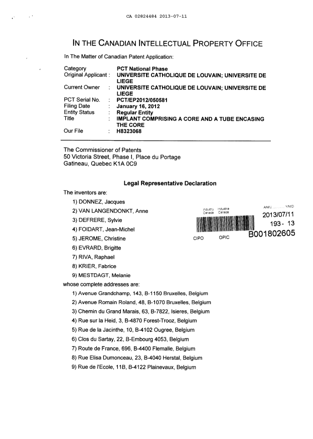 Document de brevet canadien 2824484. Cession 20121211. Image 5 de 6