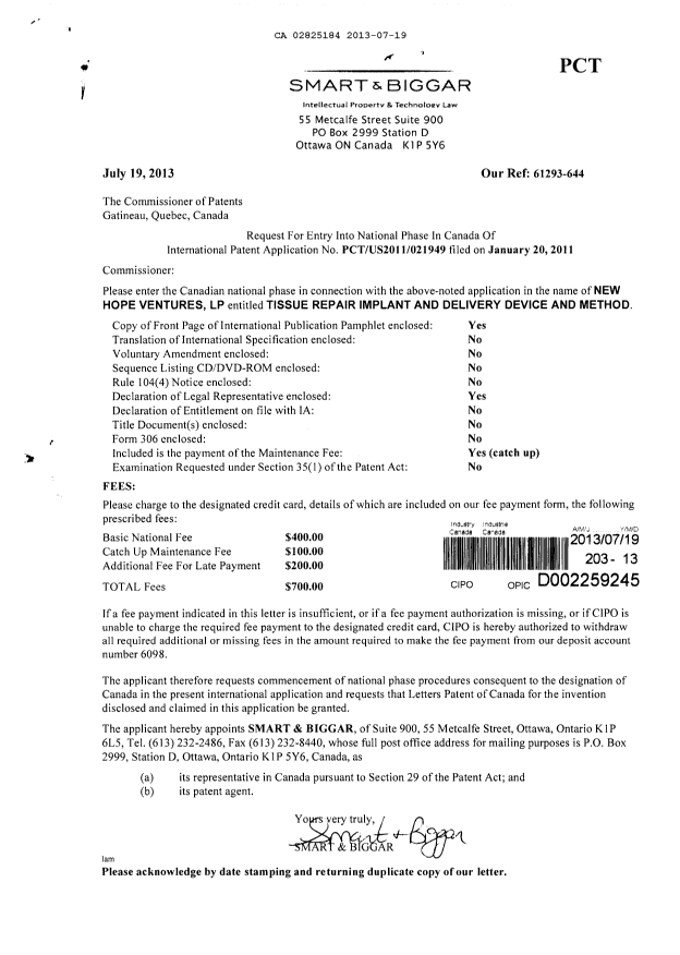 Document de brevet canadien 2825184. Cession 20130719. Image 1 de 7