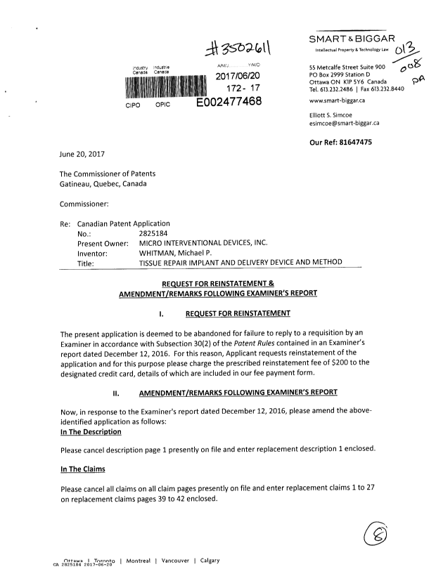 Document de brevet canadien 2825184. Modification 20170620. Image 1 de 8