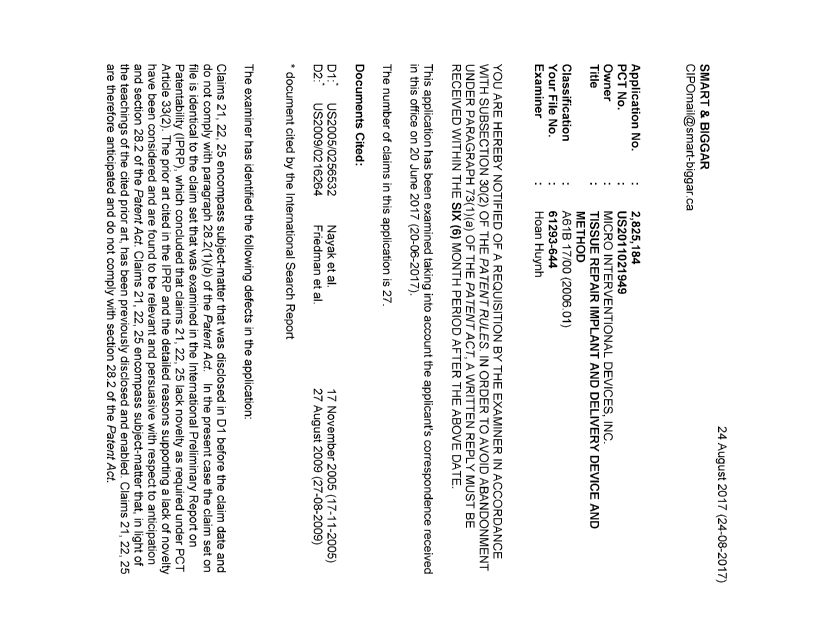 Document de brevet canadien 2825184. Demande d'examen 20170824. Image 1 de 3