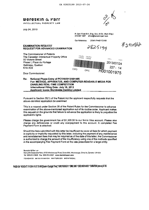 Canadian Patent Document 2825199. Prosecution-Amendment 20130724. Image 1 of 2
