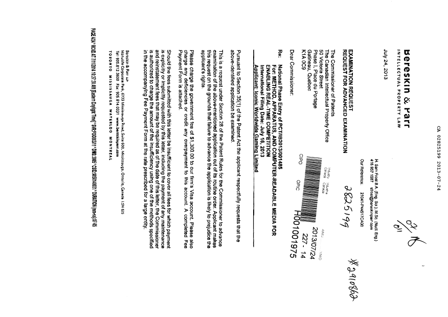 Canadian Patent Document 2825199. Prosecution-Amendment 20130724. Image 1 of 2