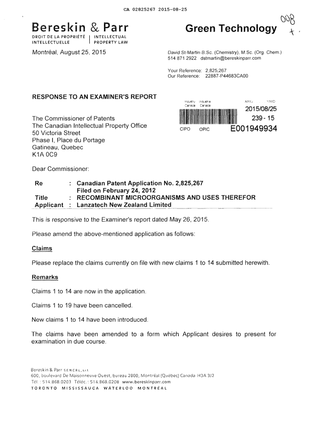 Document de brevet canadien 2825267. Poursuite-Amendment 20141225. Image 1 de 11