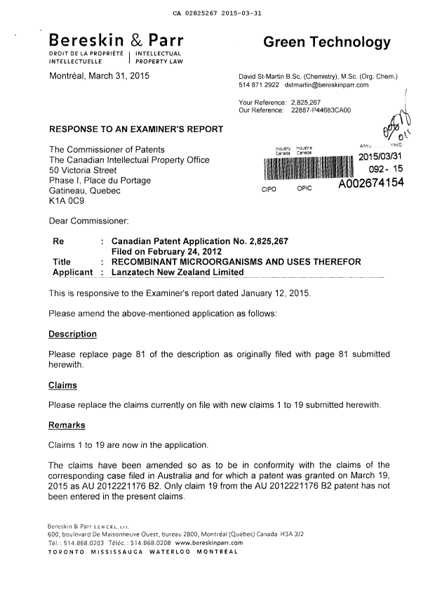 Document de brevet canadien 2825267. Poursuite-Amendment 20141231. Image 1 de 14