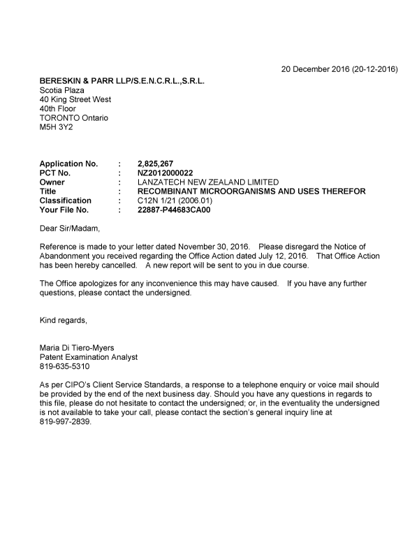 Document de brevet canadien 2825267. Correspondance 20151220. Image 1 de 1