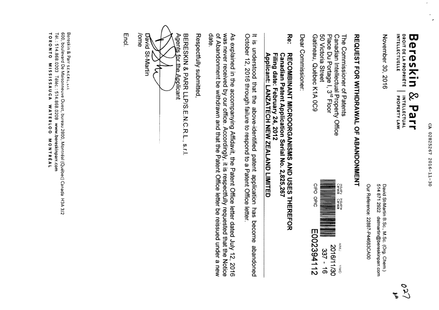 Canadian Patent Document 2825267. Prosecution Correspondence 20161130. Image 1 of 3