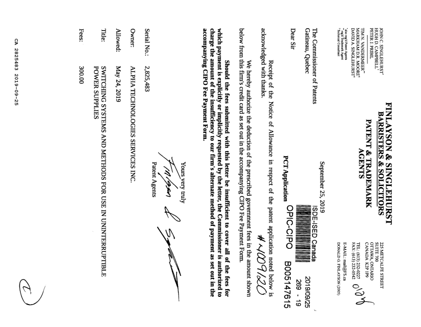 Canadian Patent Document 2825483. Final Fee 20190925. Image 1 of 1