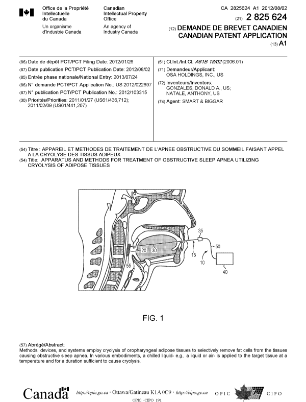 Canadian Patent Document 2825624. Cover Page 20121211. Image 1 of 1