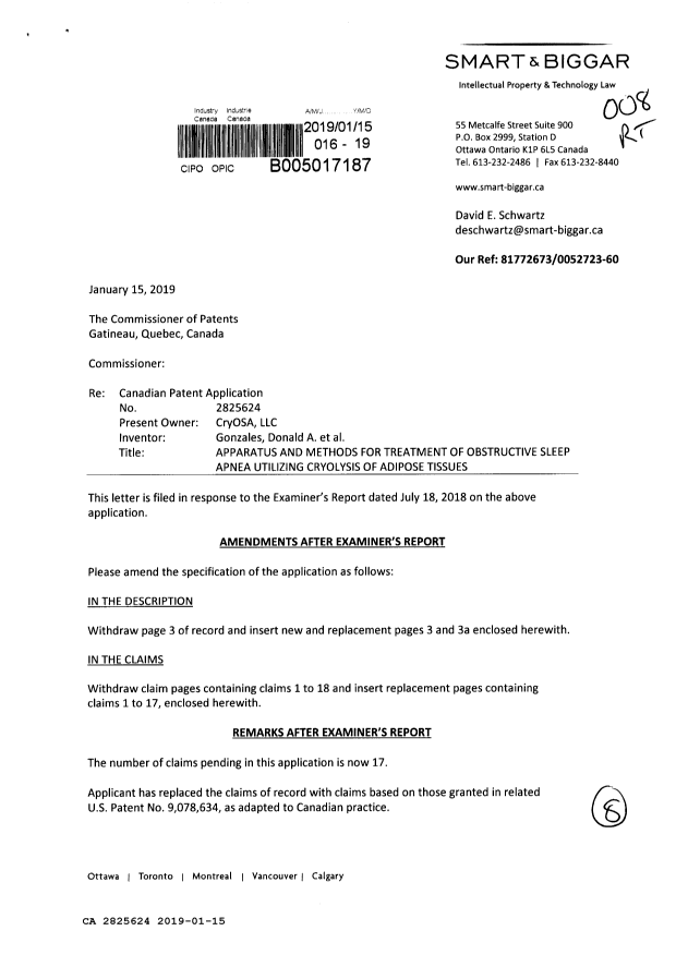 Canadian Patent Document 2825624. Prosecution-Amendment 20181215. Image 1 of 8