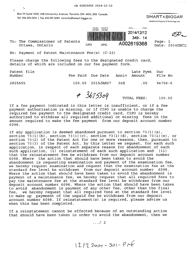 Document de brevet canadien 2825655. Taxes 20141212. Image 1 de 2