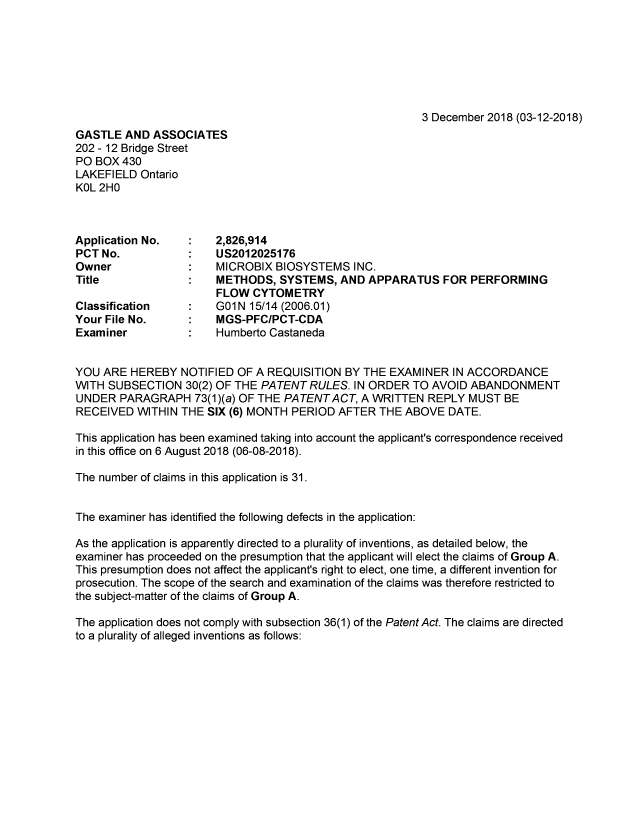 Document de brevet canadien 2826914. Demande d'examen 20181203. Image 1 de 4