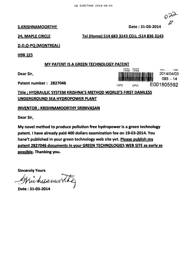 Document de brevet canadien 2827046. Correspondance 20131203. Image 1 de 1
