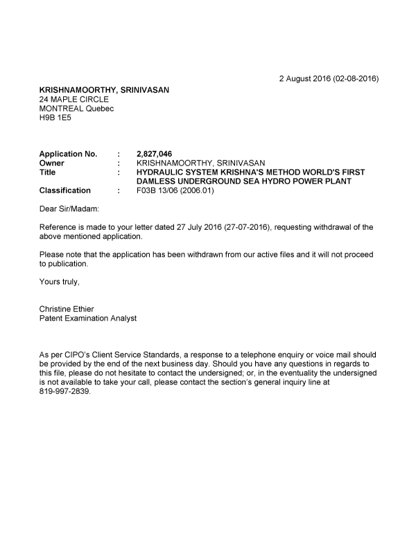Document de brevet canadien 2827046. Correspondance 20151202. Image 1 de 1