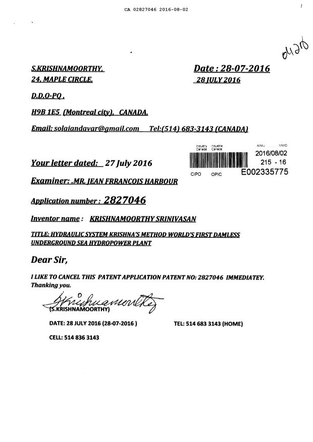 Canadian Patent Document 2827046. Correspondence 20151202. Image 1 of 1