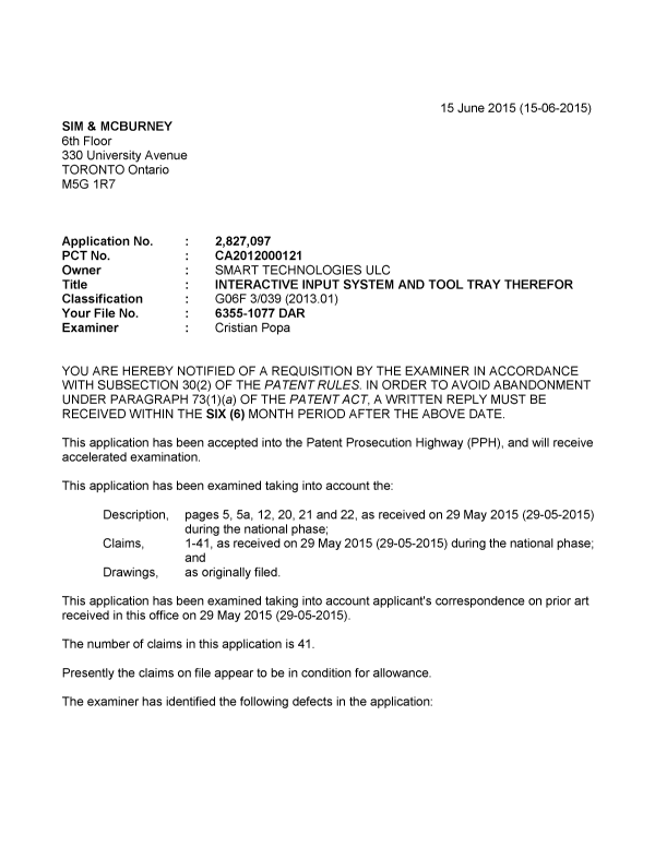 Document de brevet canadien 2827097. Demande d'examen 20150615. Image 1 de 3