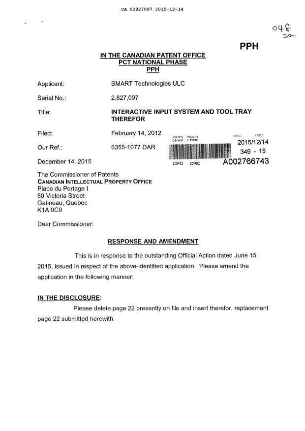 Document de brevet canadien 2827097. Modification 20151214. Image 1 de 3