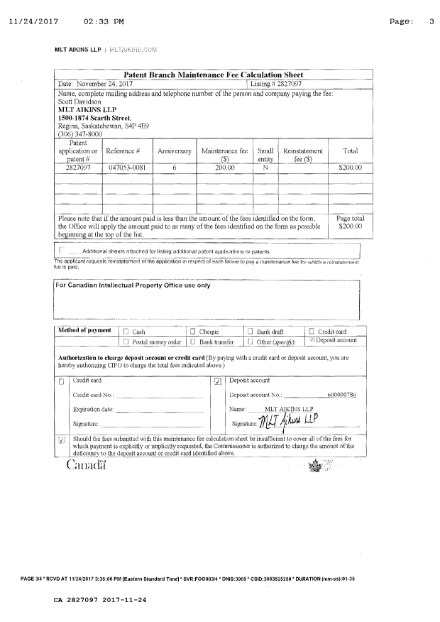 Document de brevet canadien 2827097. Paiement de taxe périodique 20171124. Image 3 de 3