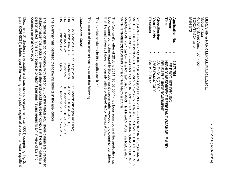 Canadian Patent Document 2827795. Prosecution-Amendment 20140707. Image 1 of 3
