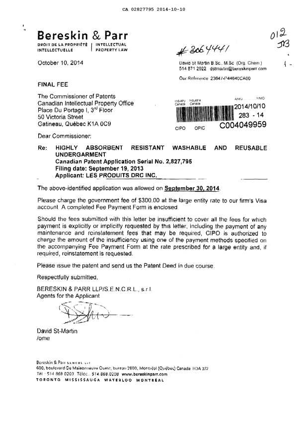 Document de brevet canadien 2827795. Correspondance 20141010. Image 1 de 1