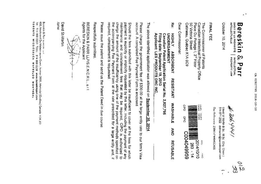 Document de brevet canadien 2827795. Correspondance 20141010. Image 1 de 1