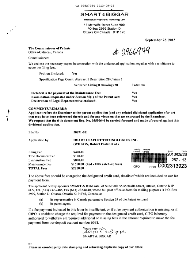 Canadian Patent Document 2827984. Assignment 20130923. Image 1 of 3