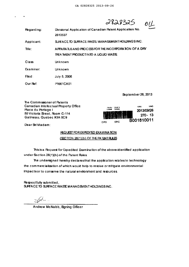 Canadian Patent Document 2828325. Prosecution-Amendment 20121226. Image 1 of 2