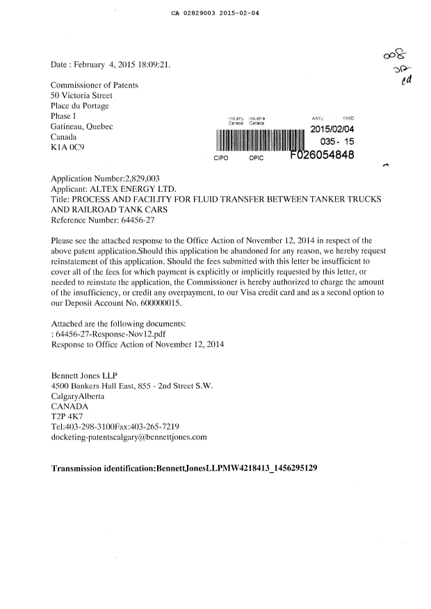 Canadian Patent Document 2829003. Prosecution-Amendment 20141204. Image 1 of 22