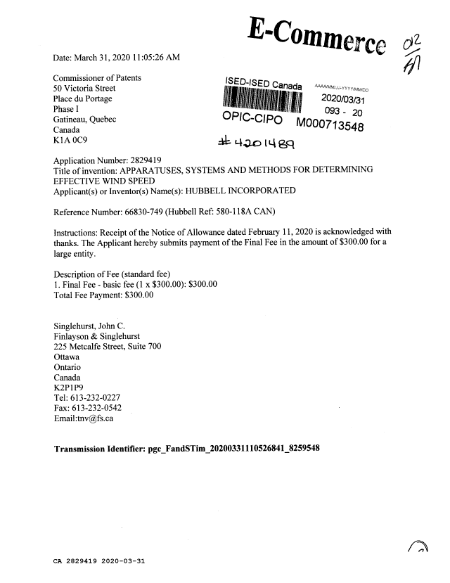 Document de brevet canadien 2829419. Taxe finale 20200331. Image 1 de 3