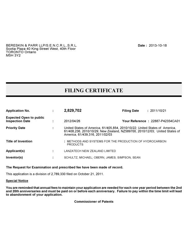 Document de brevet canadien 2829702. Correspondance 20121218. Image 1 de 1