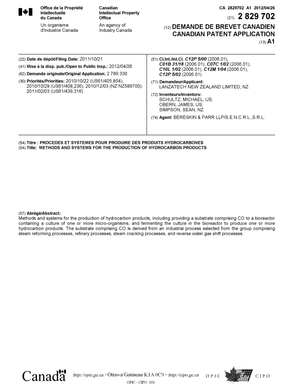 Canadian Patent Document 2829702. Cover Page 20121229. Image 1 of 1