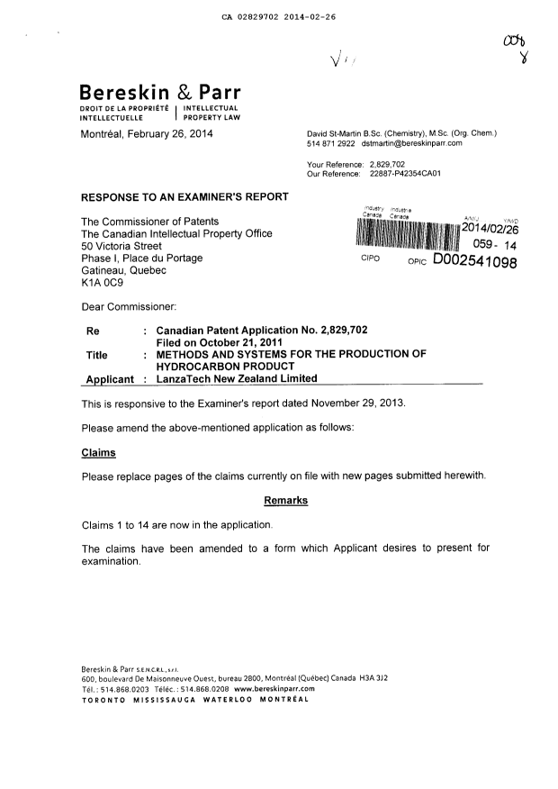 Canadian Patent Document 2829702. Prosecution-Amendment 20131226. Image 1 of 7