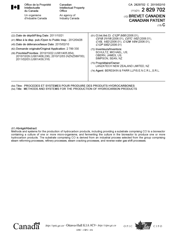 Document de brevet canadien 2829702. Page couverture 20141228. Image 1 de 1