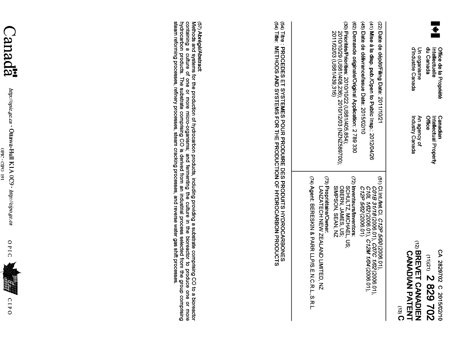 Canadian Patent Document 2829702. Cover Page 20141228. Image 1 of 1