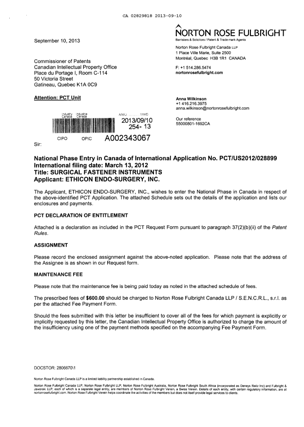 Canadian Patent Document 2829818. Assignment 20130910. Image 1 of 11