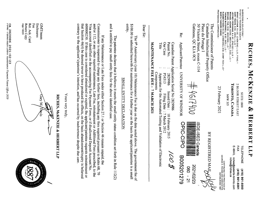 Canadian Patent Document 2829986. Maintenance Fee Payment 20210223. Image 1 of 1