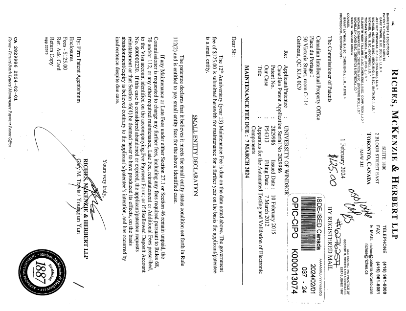 Canadian Patent Document 2829986. Small Entity Declaration 20240201. Image 1 of 1
