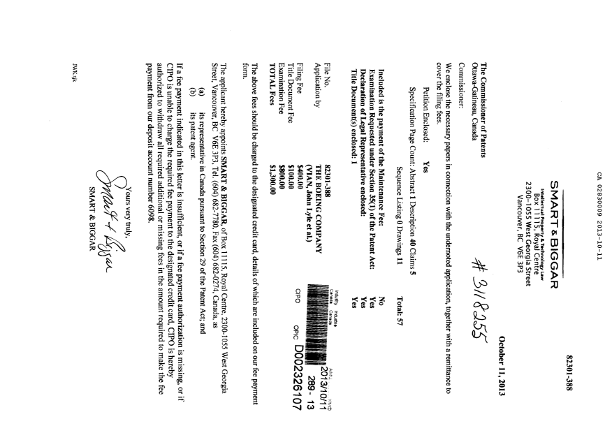 Canadian Patent Document 2830009. Assignment 20131011. Image 1 of 5