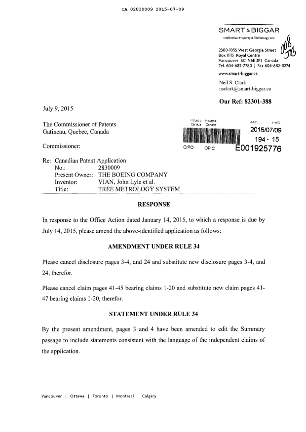 Document de brevet canadien 2830009. Modification 20150709. Image 1 de 26