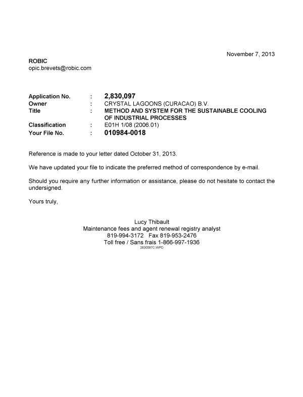 Document de brevet canadien 2830097. Correspondance 20121207. Image 1 de 1