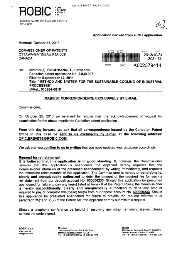 Document de brevet canadien 2830097. Correspondance 20131031. Image 1 de 2