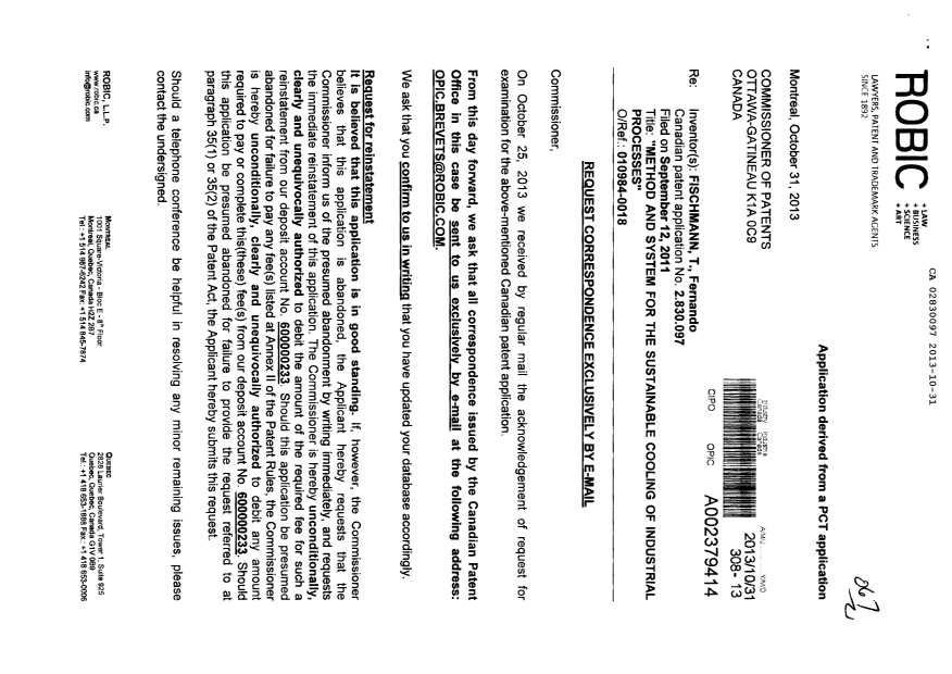 Canadian Patent Document 2830097. Correspondence 20131031. Image 1 of 2