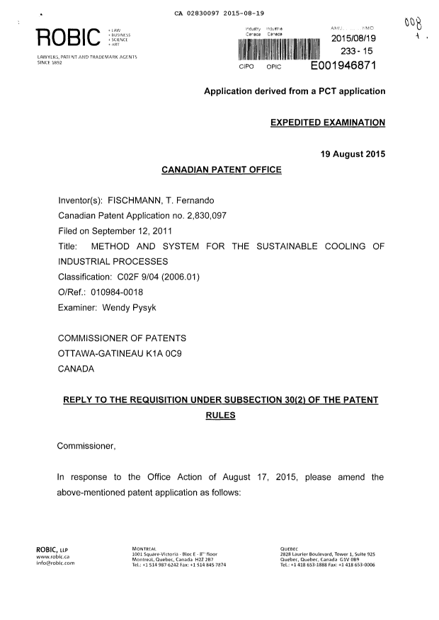 Canadian Patent Document 2830097. Prosecution-Amendment 20141219. Image 1 of 4