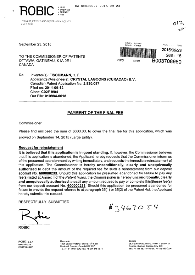 Canadian Patent Document 2830097. Correspondence 20141223. Image 1 of 2
