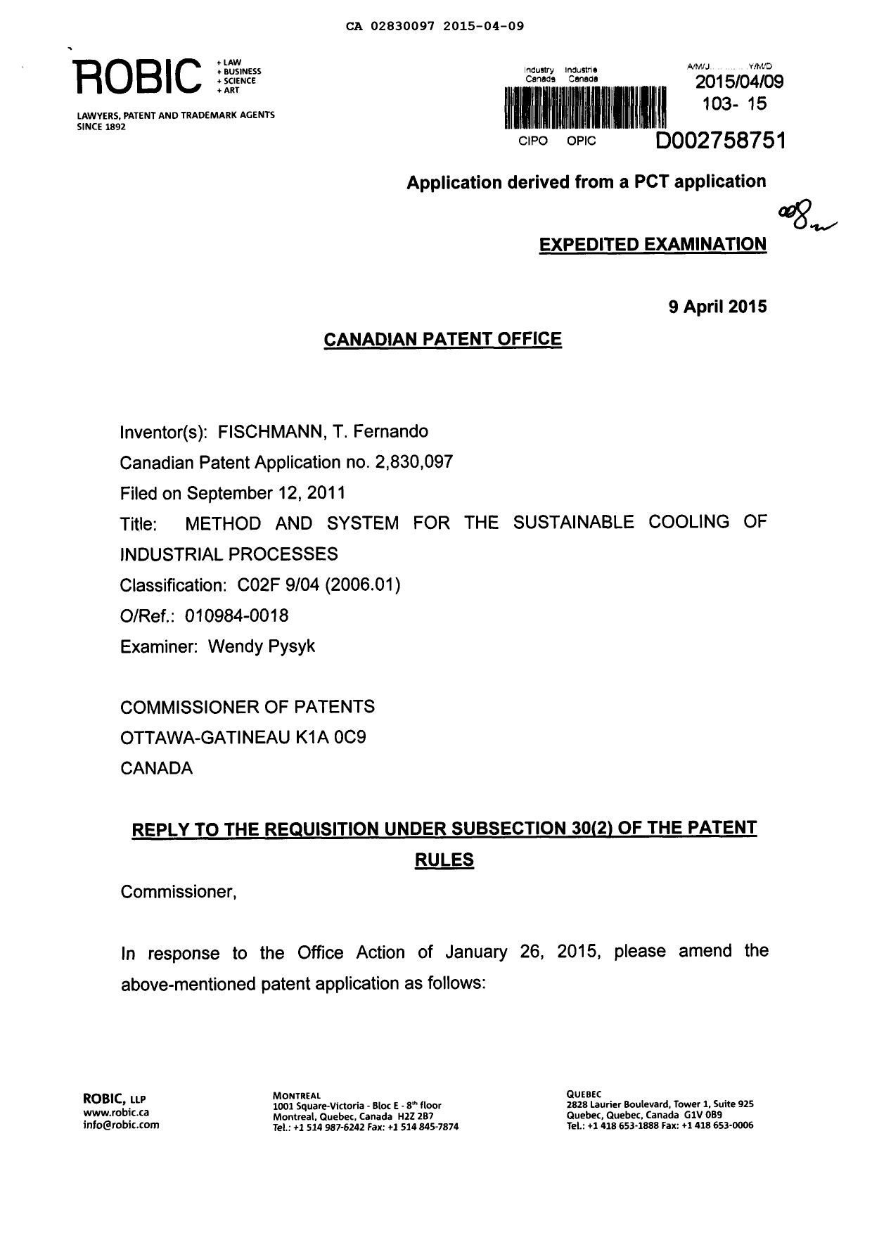 Canadian Patent Document 2830097. Prosecution-Amendment 20150409. Image 1 of 5