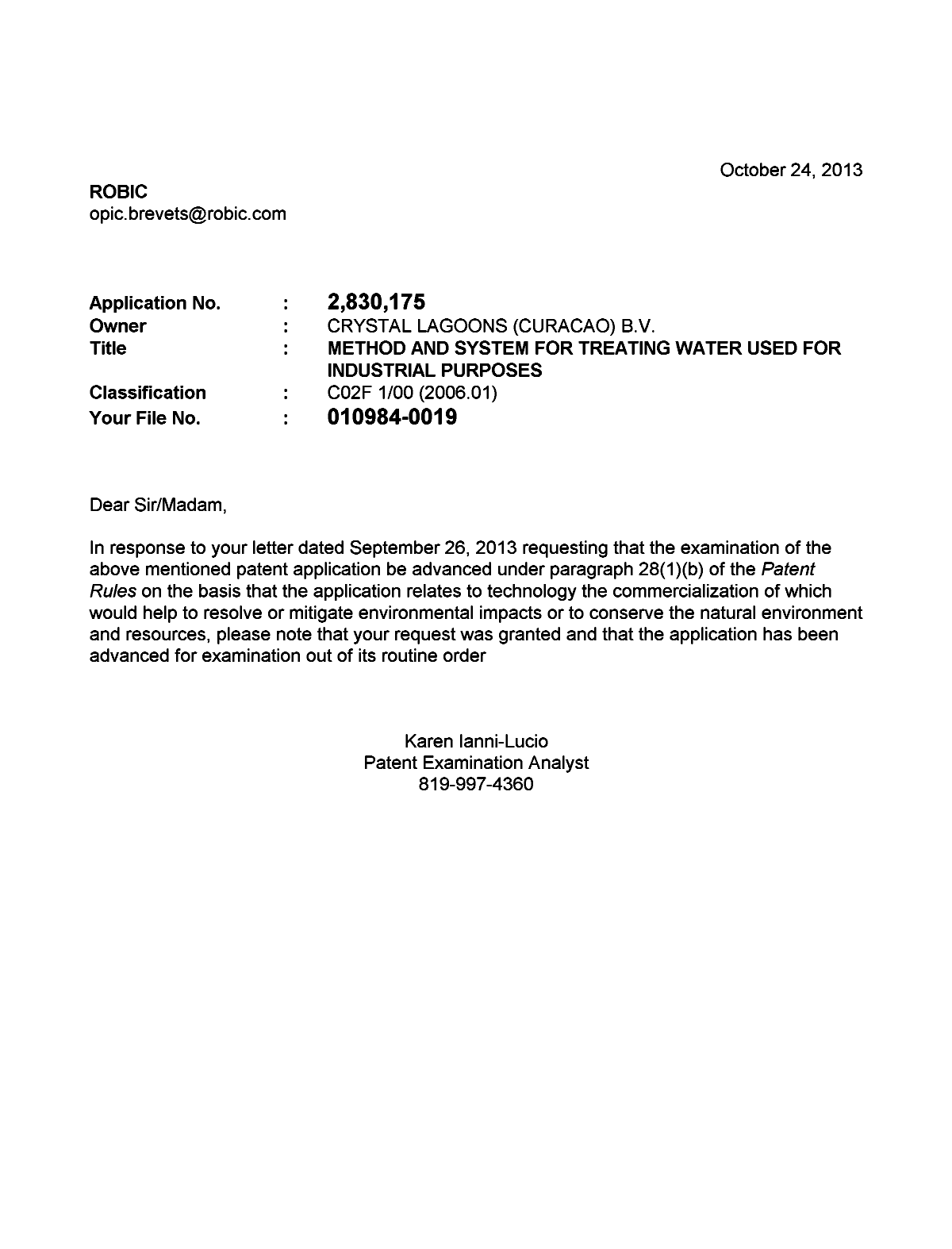 Document de brevet canadien 2830175. Correspondance 20121224. Image 1 de 1