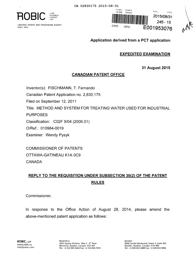 Document de brevet canadien 2830175. Poursuite-Amendment 20141231. Image 1 de 4